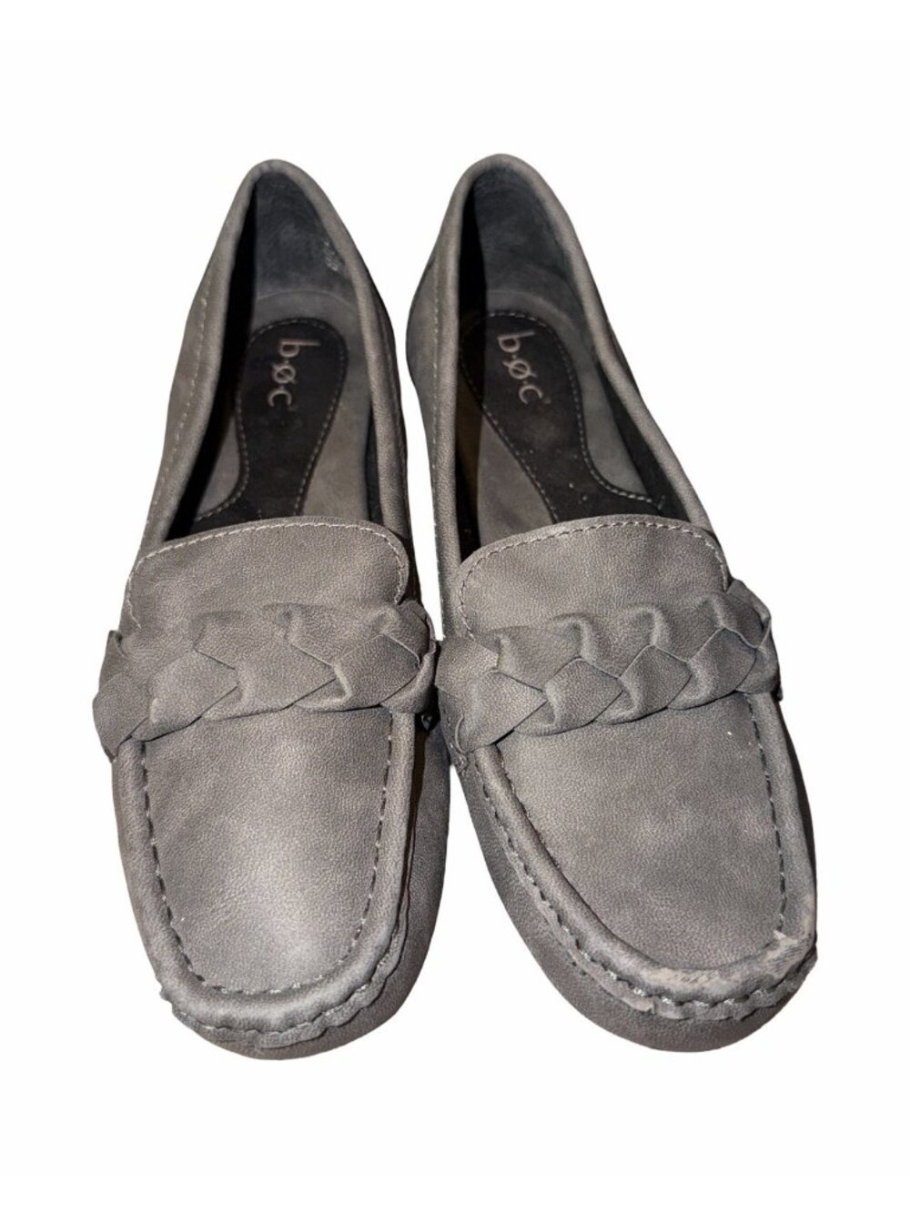 B.o.c. Moccasin Flat Shoes Womens 7 Gray Leather Slip On Braided Comfort Boc